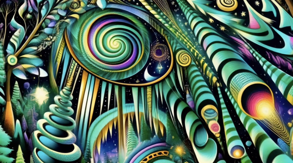 A flowing tapestry of colorful spirals and organic shapes in a psychedelic screensaver with 4K trippy lsd visuals.